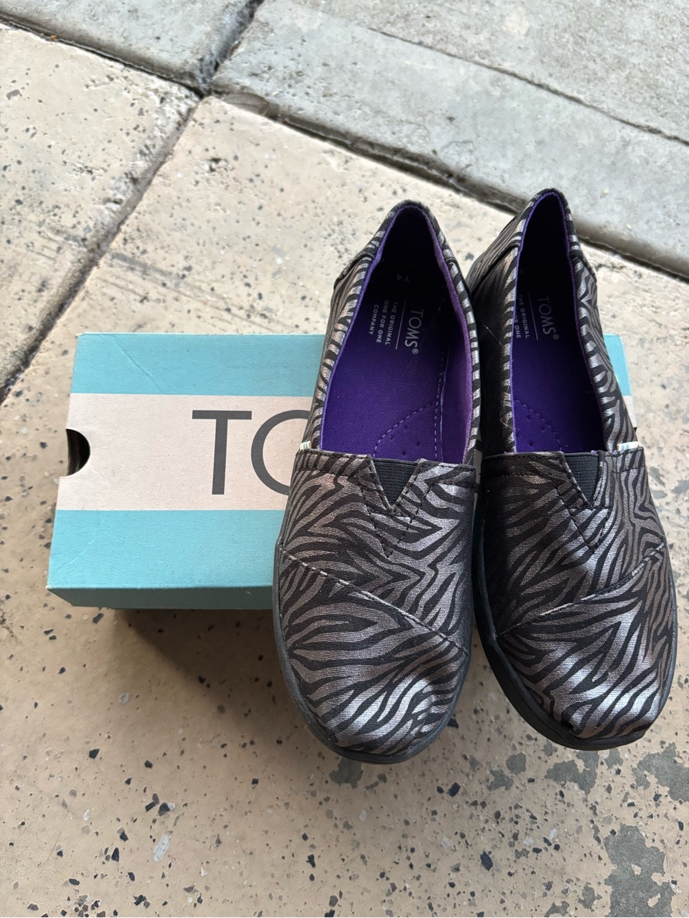 TOMS Metallic Zebra Slip-On Shoes in Black & Silver